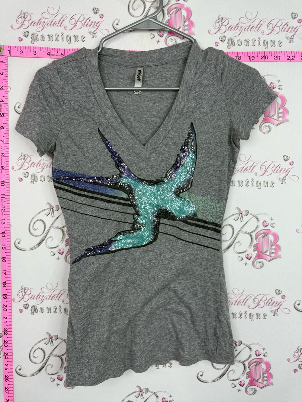 Garage shirt grey V-Neck Tee with Teal & Purple Sequin Bird